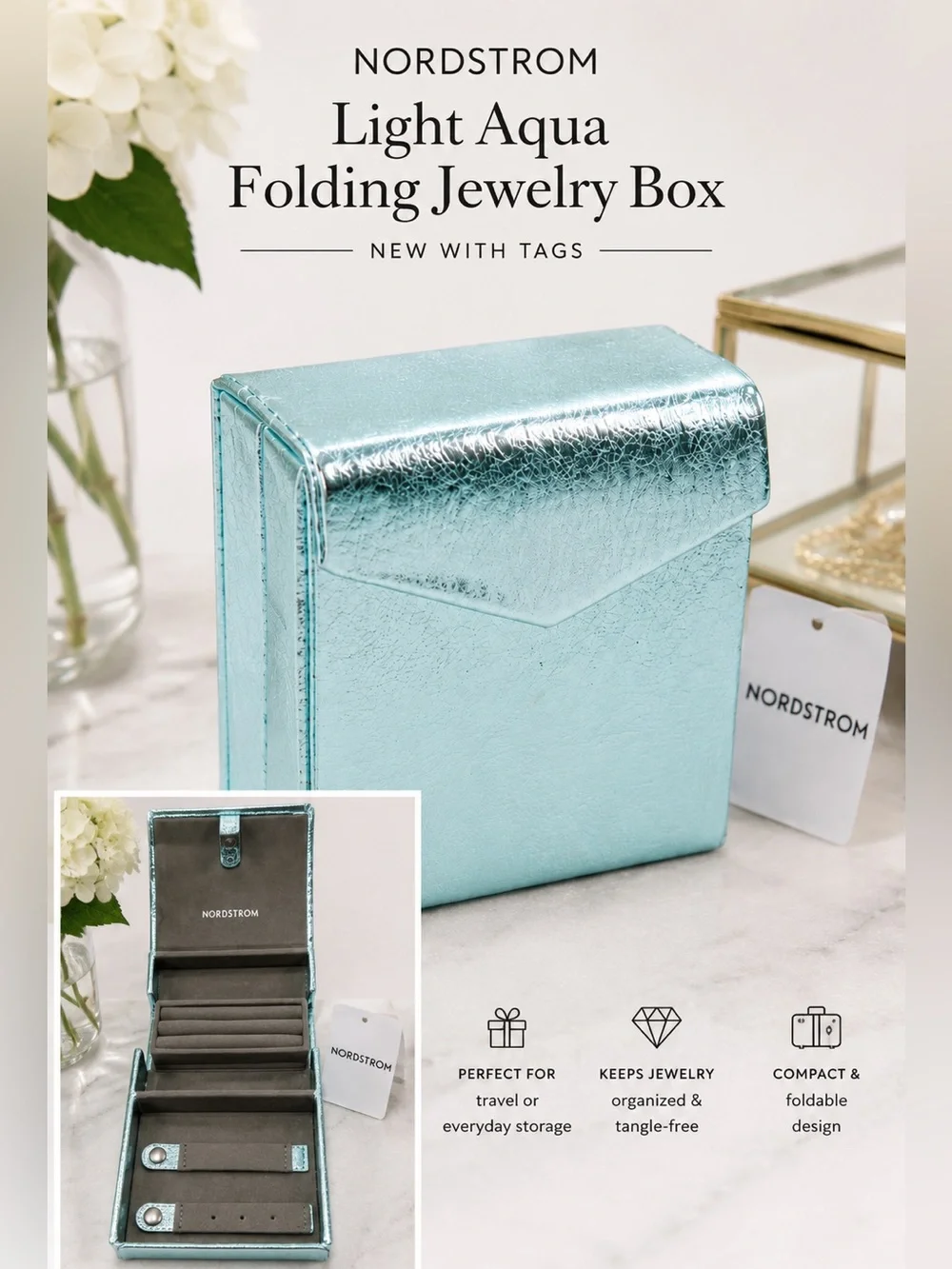 Nordstrom NWT Metallic Aqua Travel Jewelry Organizer Case Foldable